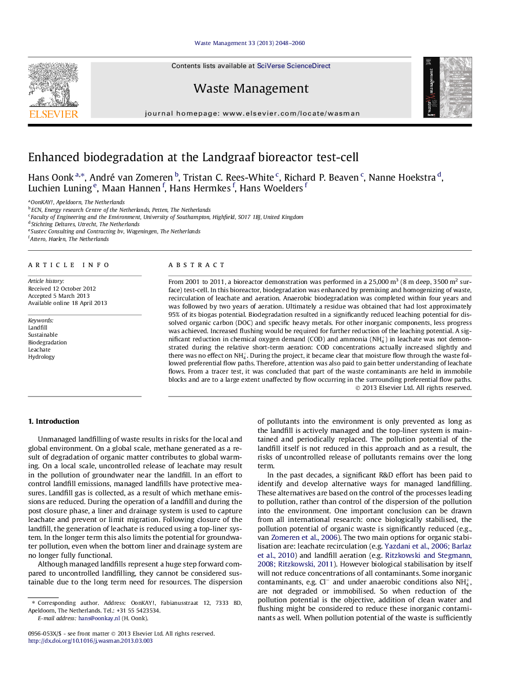 Enhanced biodegradation at the Landgraaf bioreactor test-cell