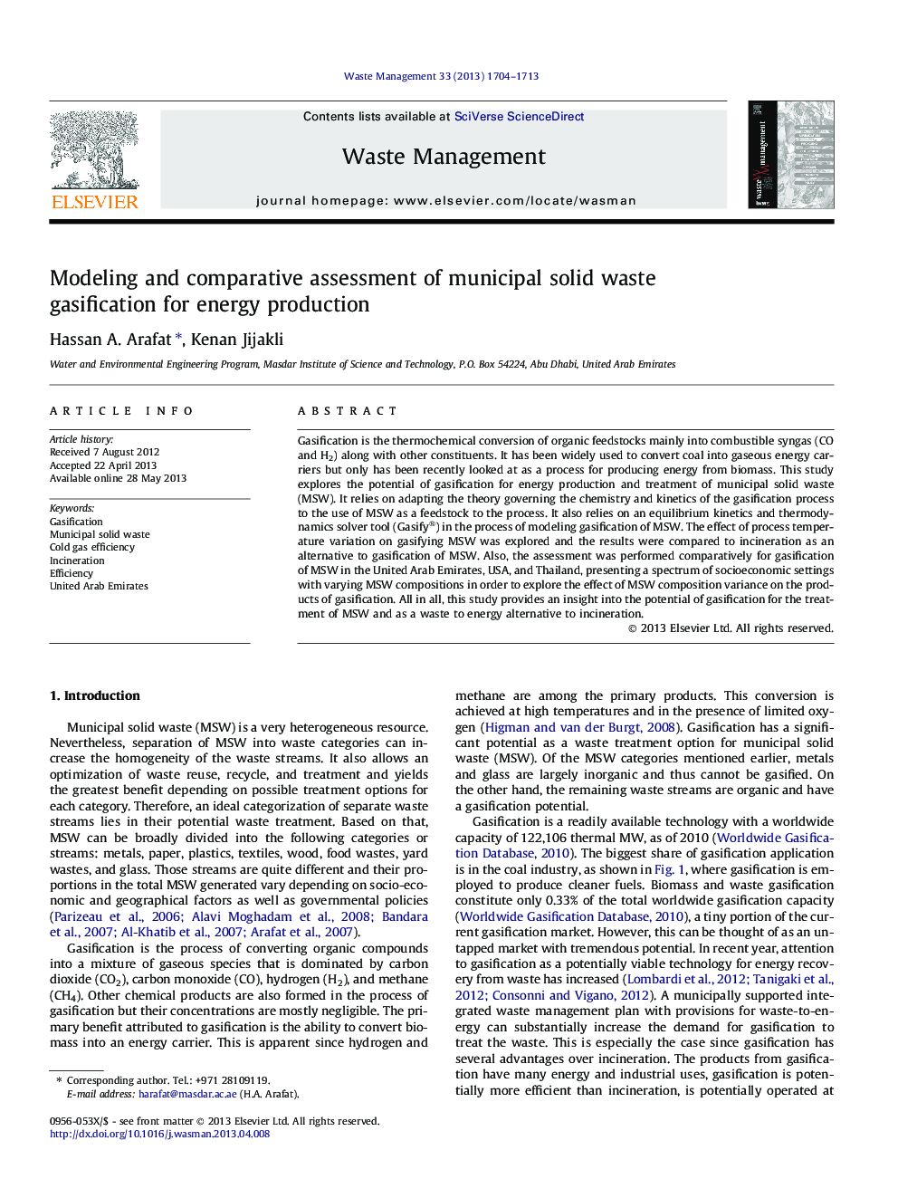 Modeling and comparative assessment of municipal solid waste gasification for energy production