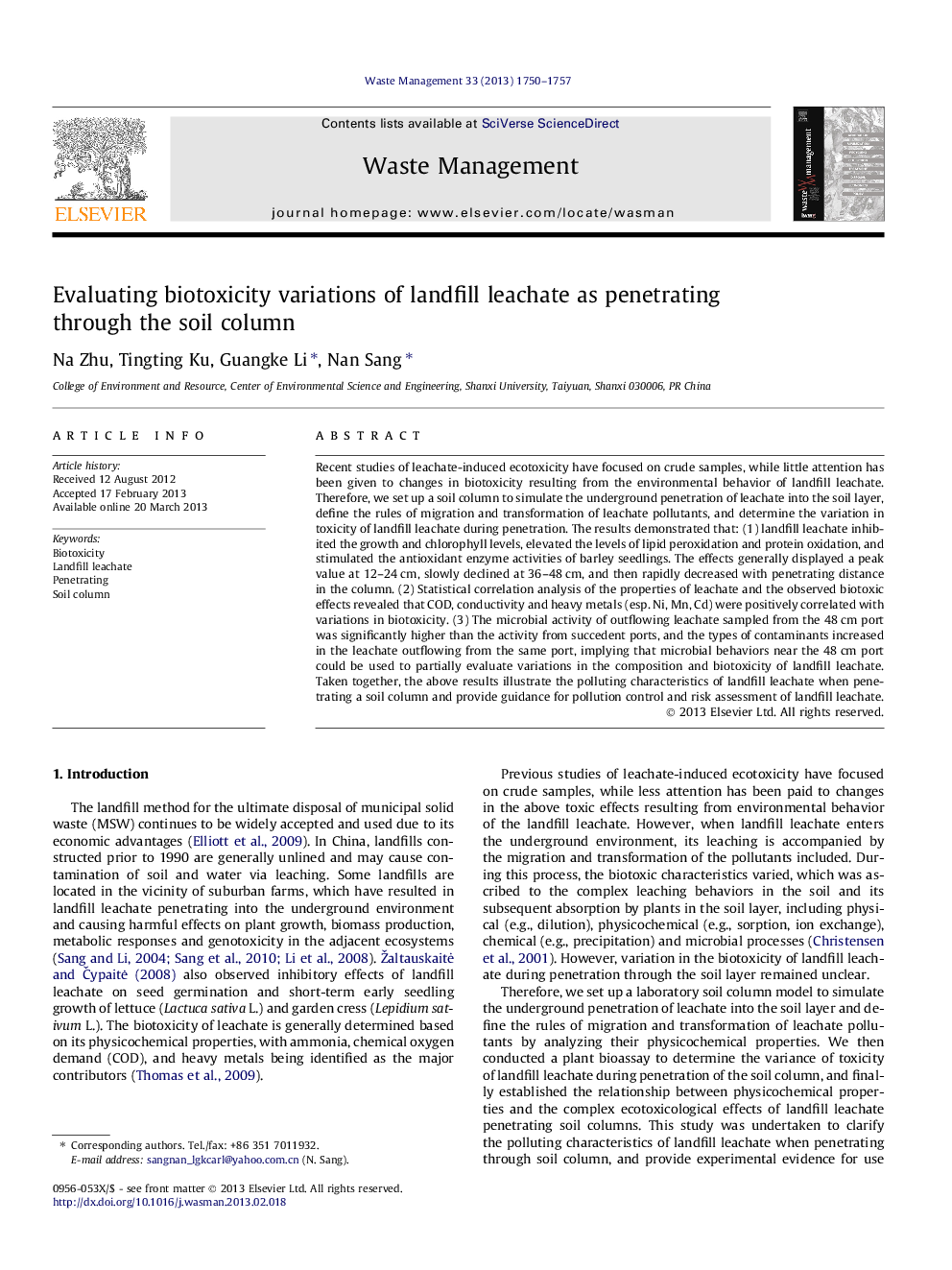 Evaluating biotoxicity variations of landfill leachate as penetrating through the soil column