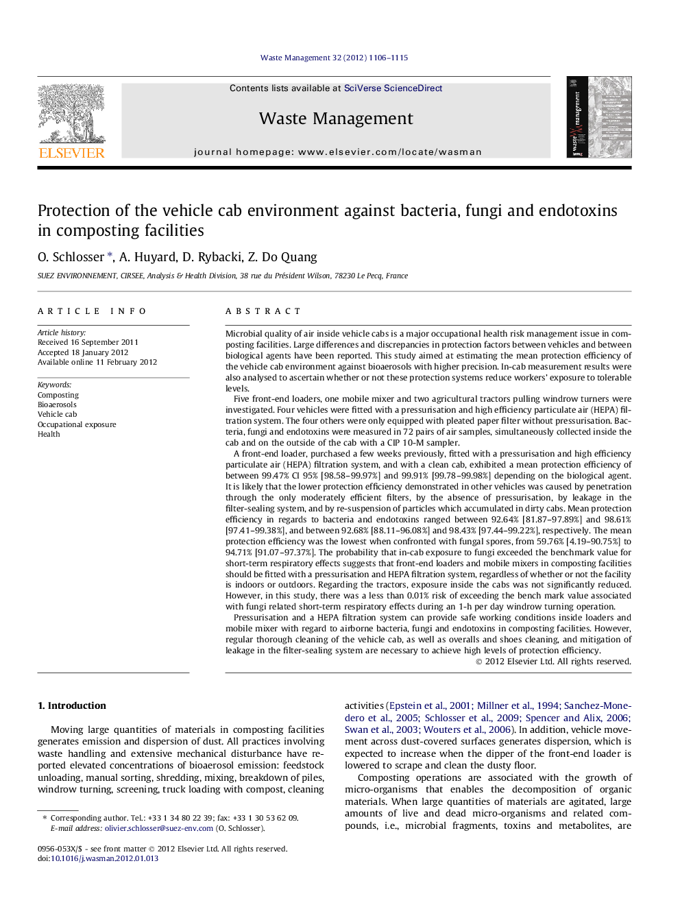 Protection of the vehicle cab environment against bacteria, fungi and endotoxins in composting facilities