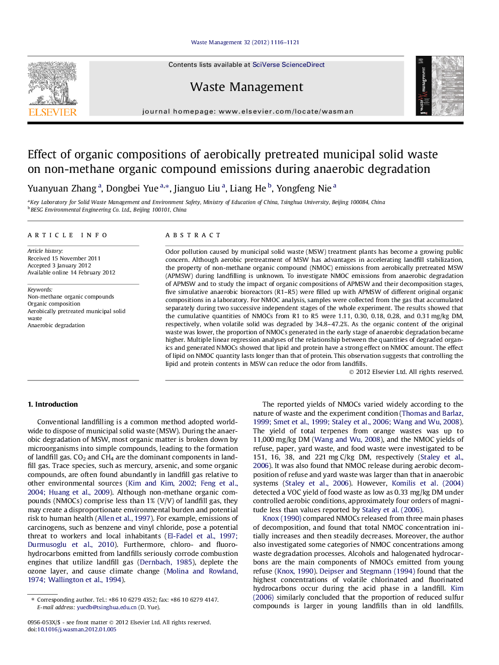 Effect of organic compositions of aerobically pretreated municipal solid waste on non-methane organic compound emissions during anaerobic degradation