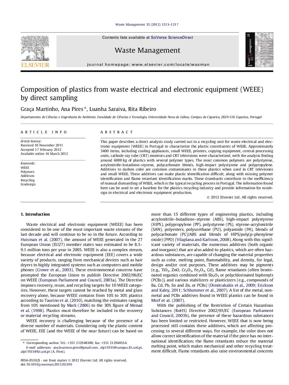 Composition of plastics from waste electrical and electronic equipment (WEEE) by direct sampling
