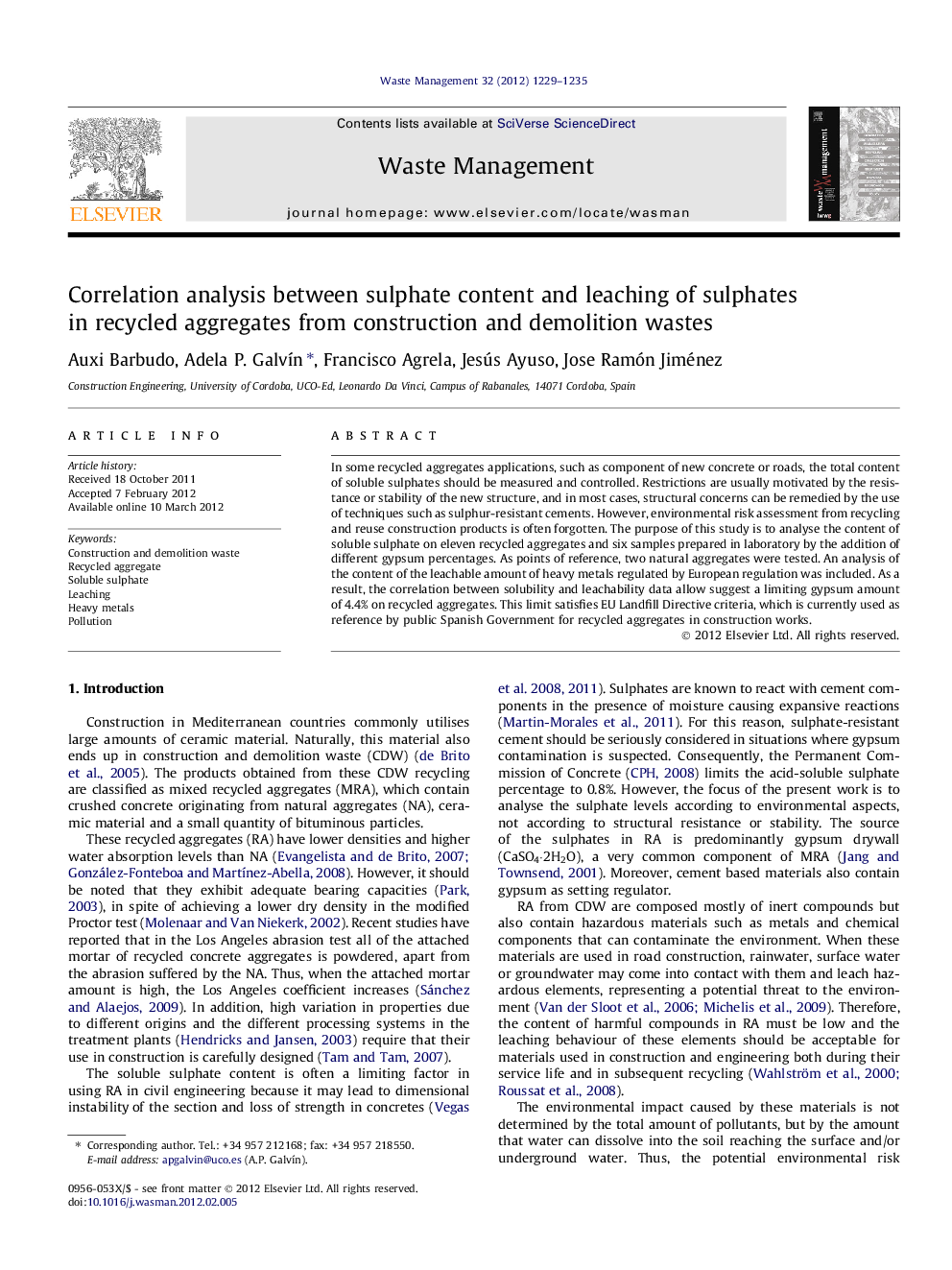 Correlation analysis between sulphate content and leaching of sulphates in recycled aggregates from construction and demolition wastes