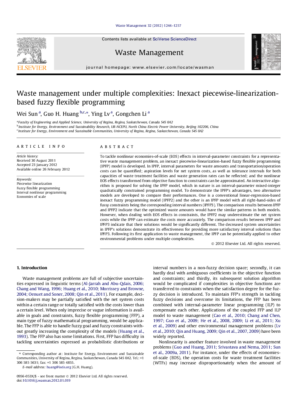 Waste management under multiple complexities: Inexact piecewise-linearization-based fuzzy flexible programming