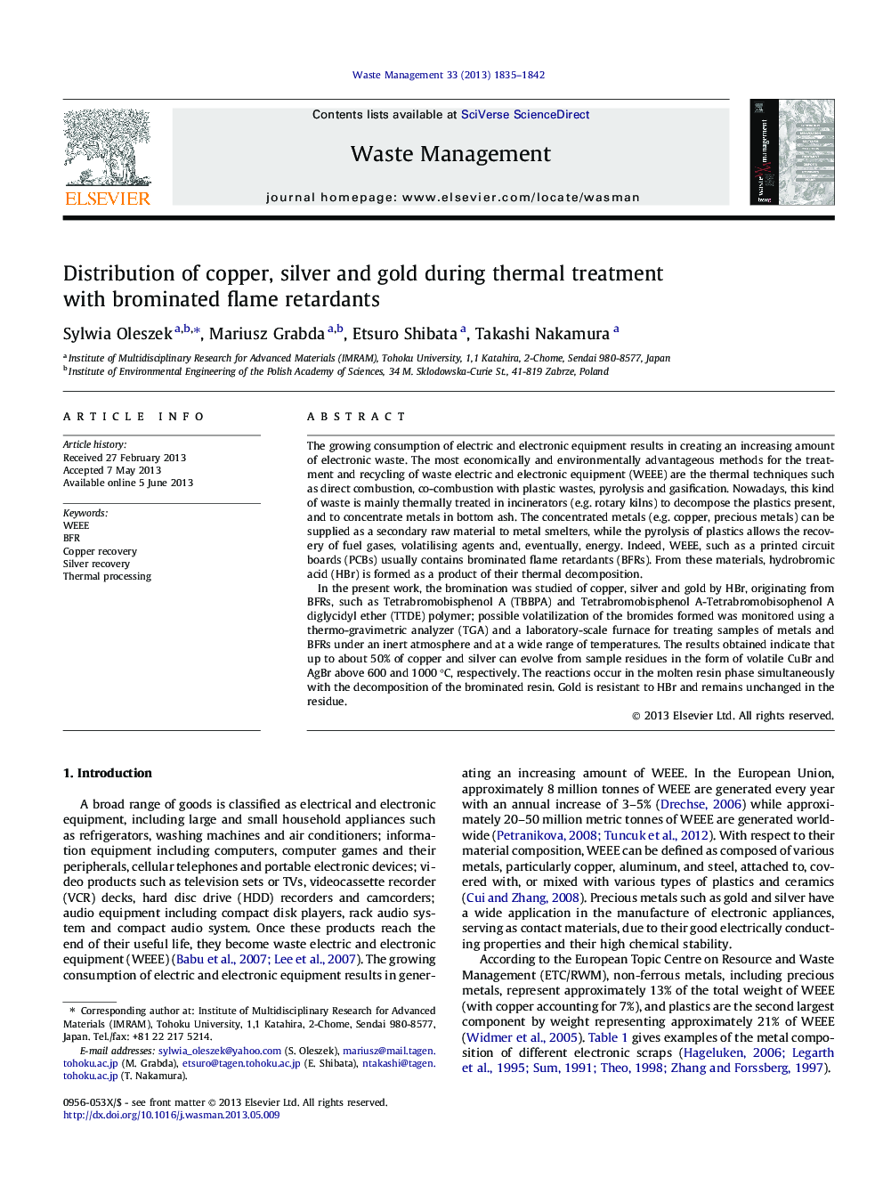 Distribution of copper, silver and gold during thermal treatment with brominated flame retardants