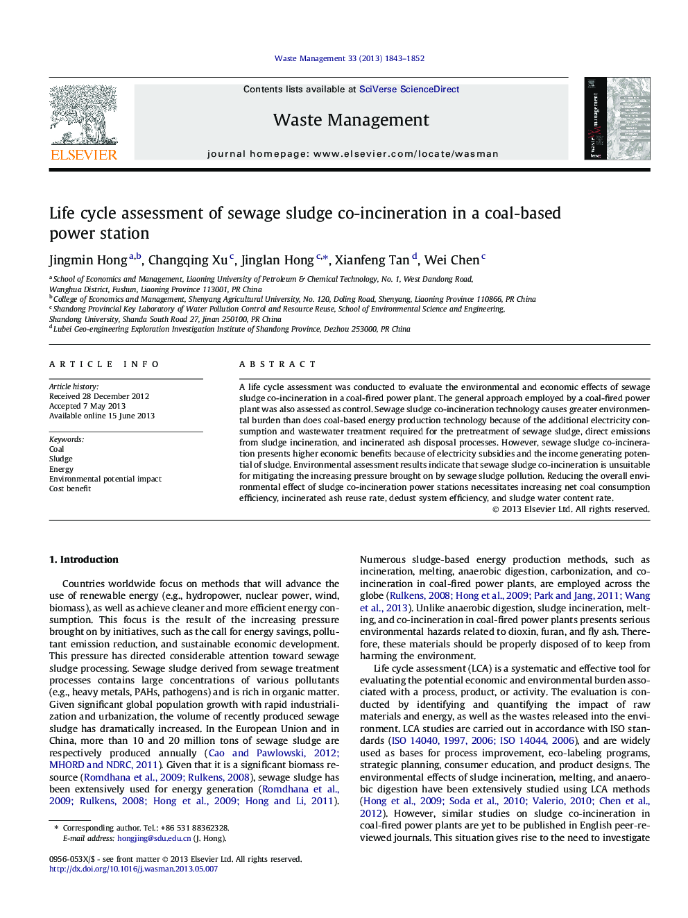 Life cycle assessment of sewage sludge co-incineration in a coal-based power station