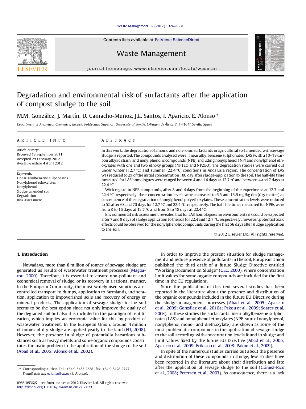 Degradation and environmental risk of surfactants after the application of compost sludge to the soil