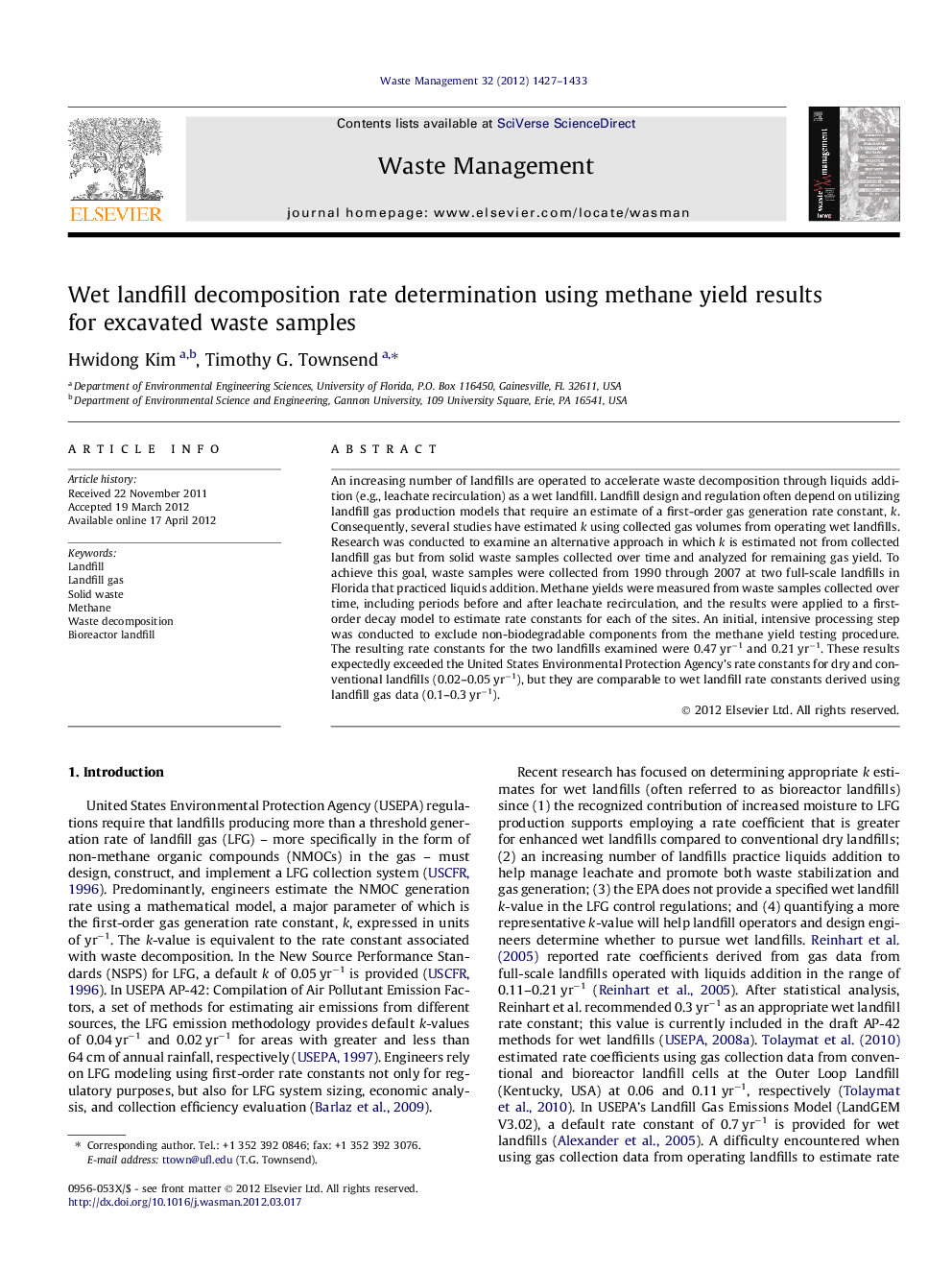 Wet landfill decomposition rate determination using methane yield results for excavated waste samples