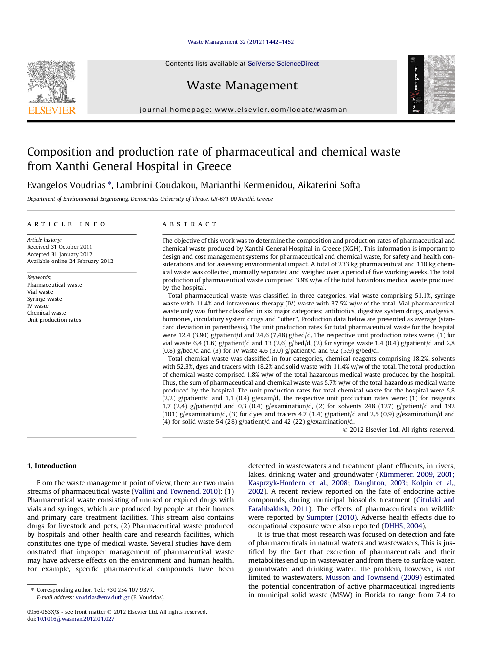 Composition and production rate of pharmaceutical and chemical waste from Xanthi General Hospital in Greece
