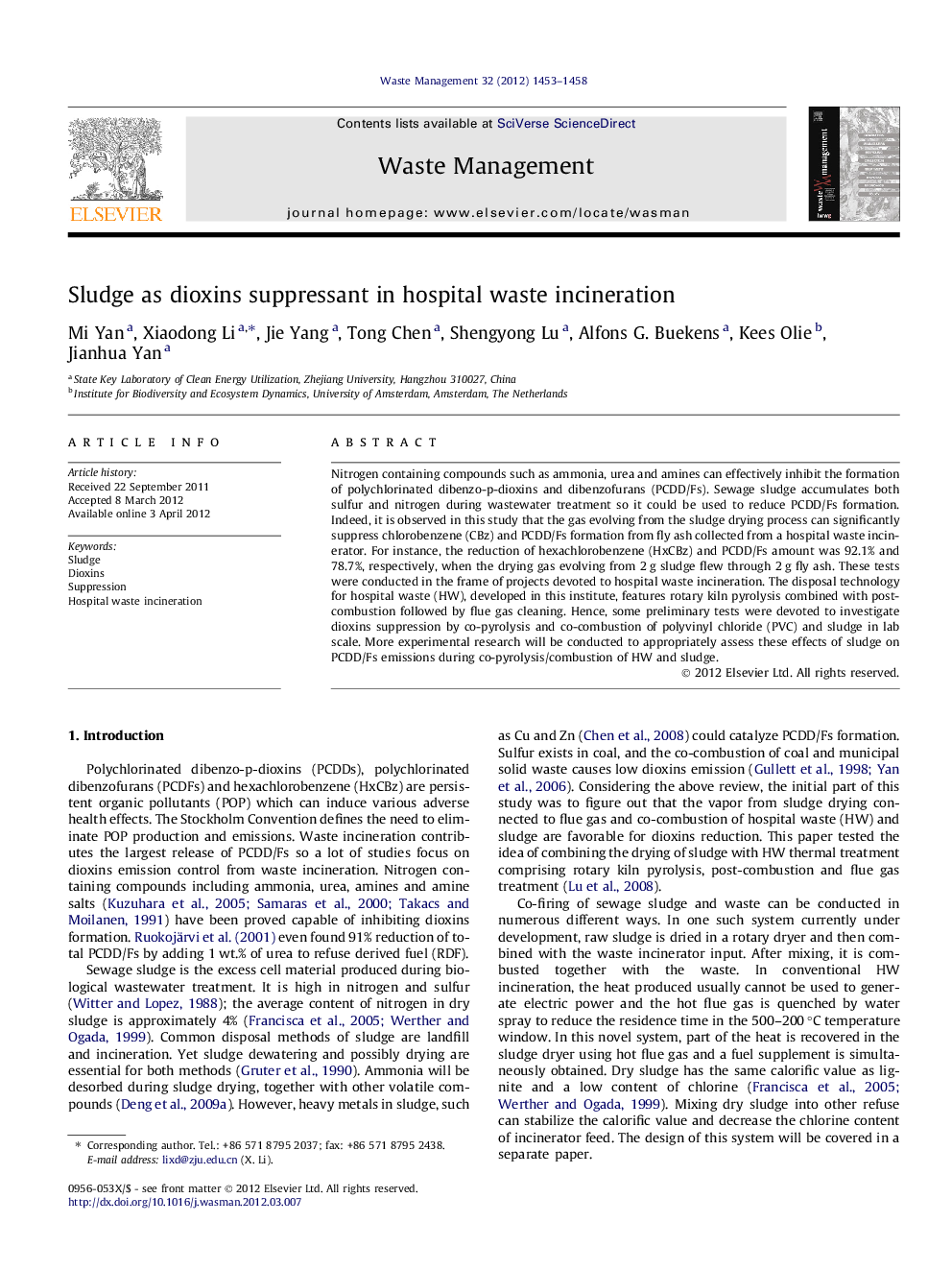 Sludge as dioxins suppressant in hospital waste incineration