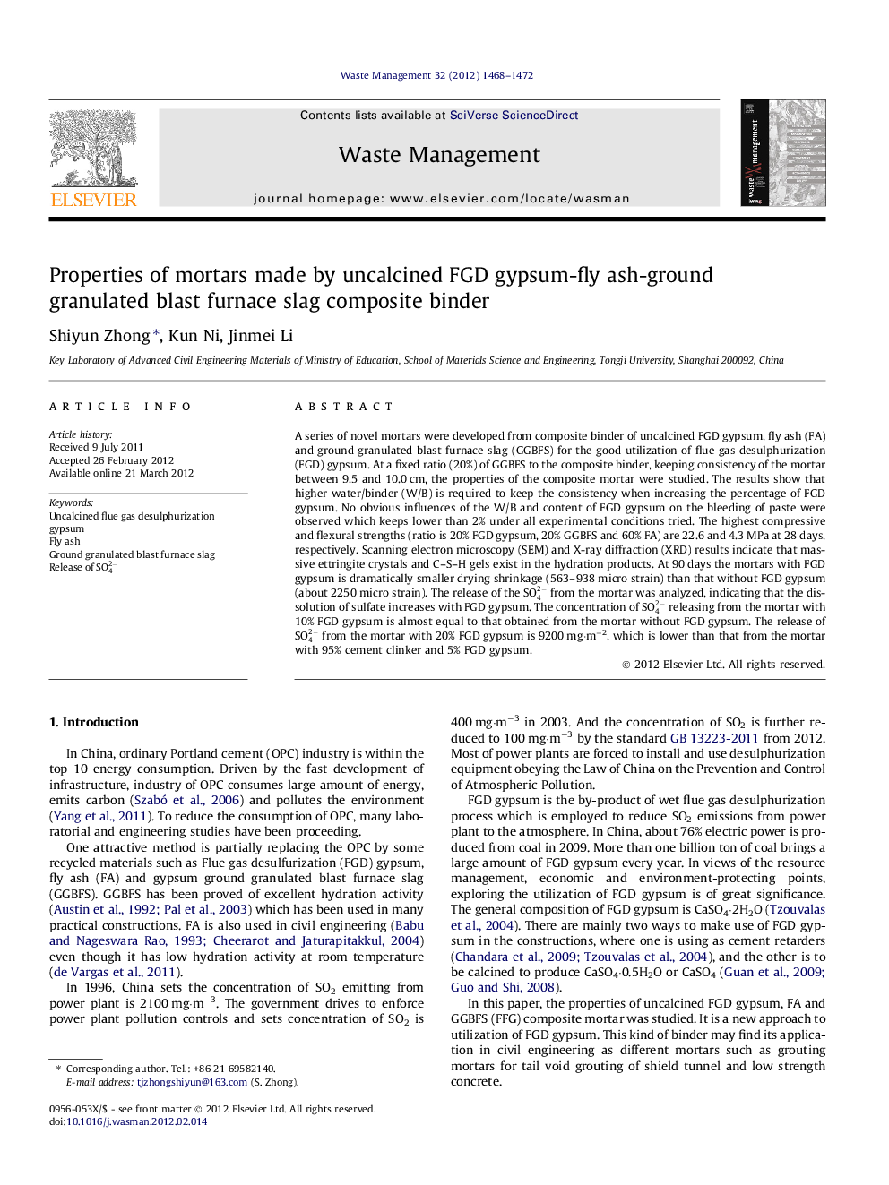 Properties of mortars made by uncalcined FGD gypsum-fly ash-ground granulated blast furnace slag composite binder