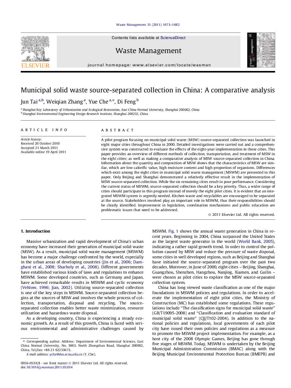 Municipal solid waste source-separated collection in China: A comparative analysis