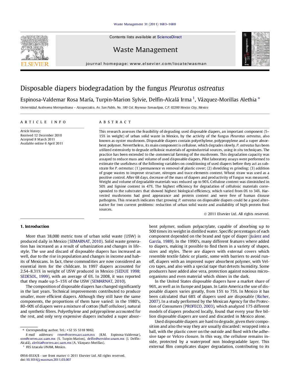 Disposable diapers biodegradation by the fungus Pleurotus ostreatus