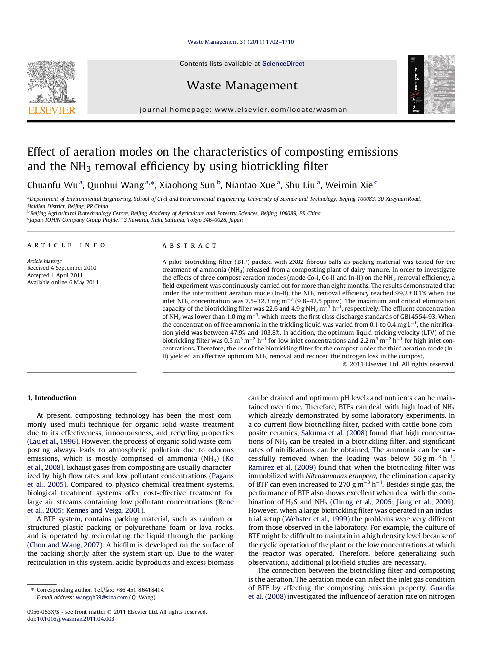 Effect of aeration modes on the characteristics of composting emissions and the NH3 removal efficiency by using biotrickling filter