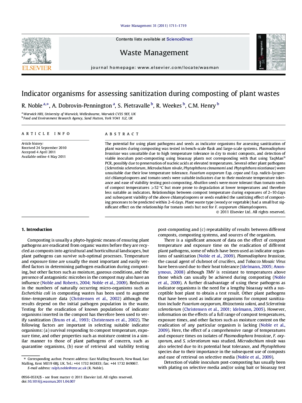 Indicator organisms for assessing sanitization during composting of plant wastes