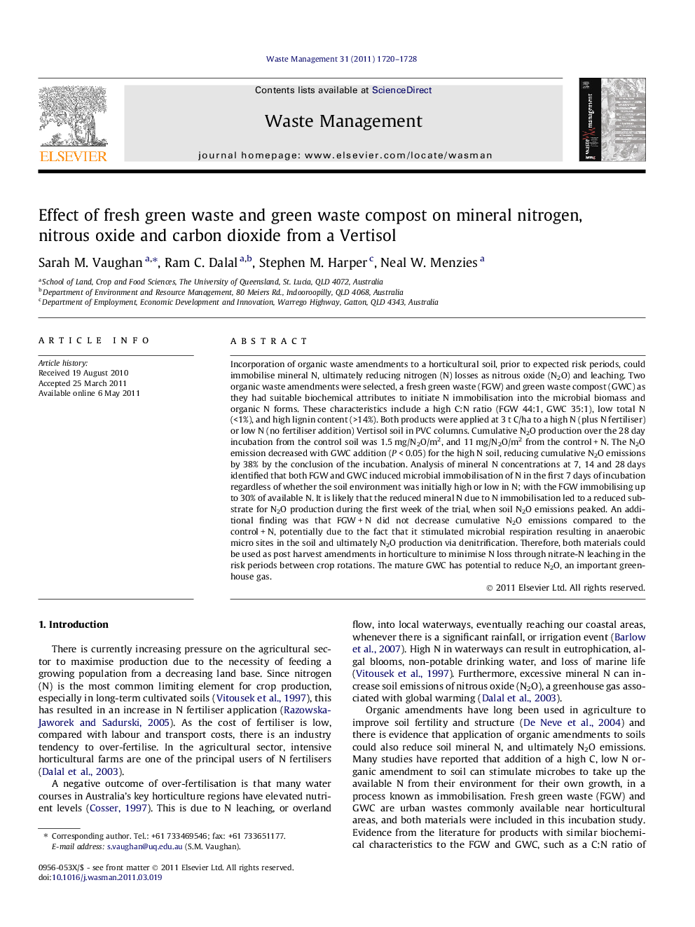 Effect of fresh green waste and green waste compost on mineral nitrogen, nitrous oxide and carbon dioxide from a Vertisol