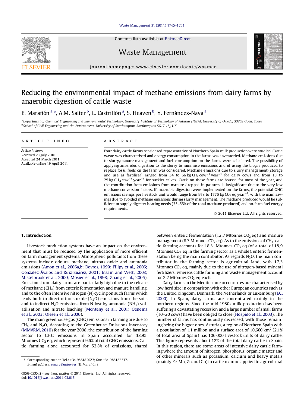 Reducing the environmental impact of methane emissions from dairy farms by anaerobic digestion of cattle waste