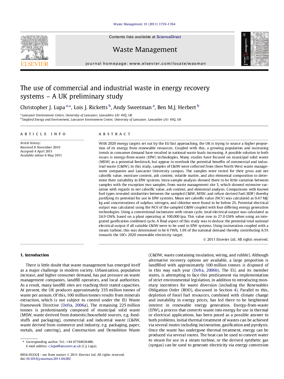 The use of commercial and industrial waste in energy recovery systems – A UK preliminary study
