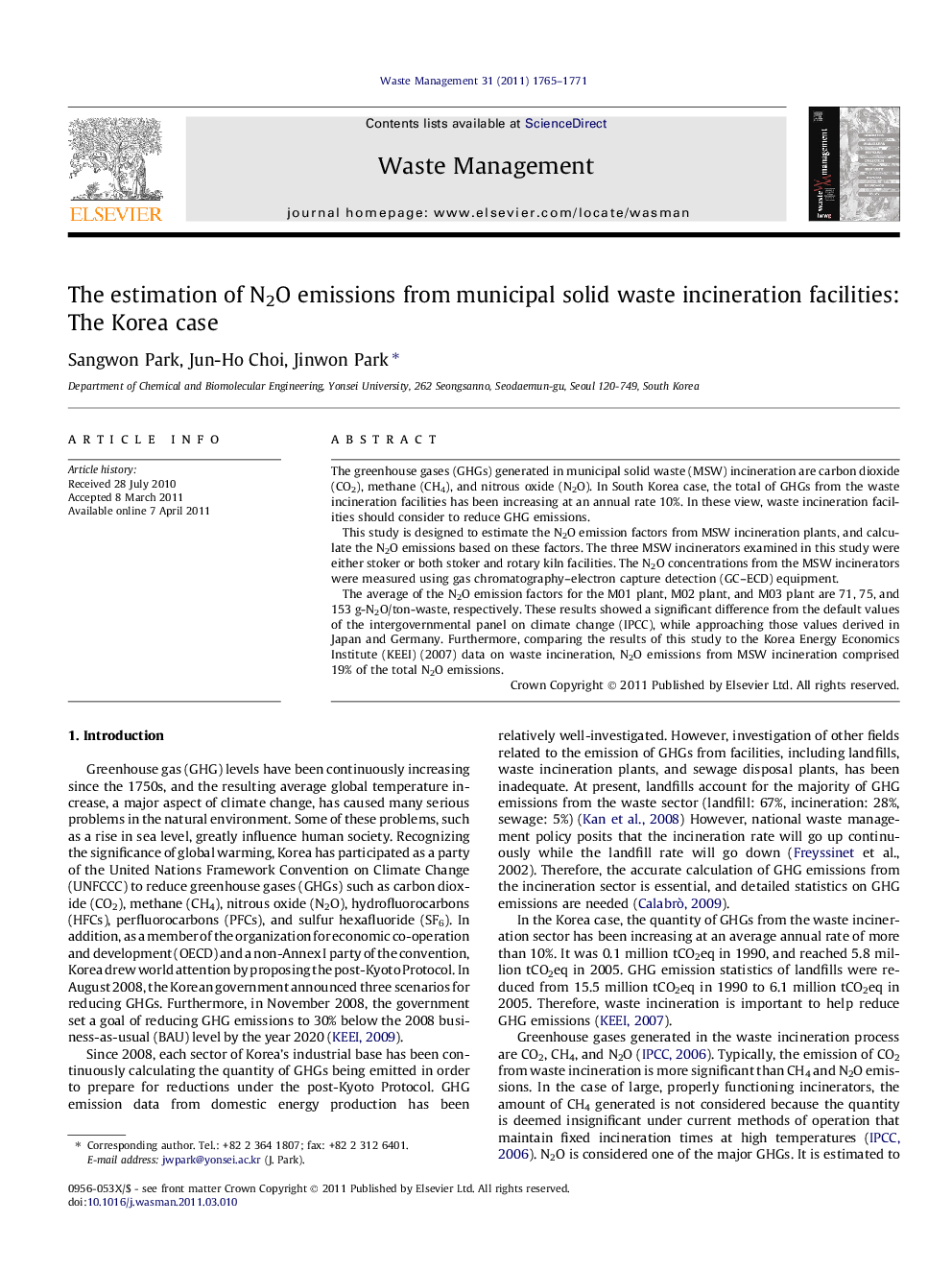 The estimation of N2O emissions from municipal solid waste incineration facilities: The Korea case