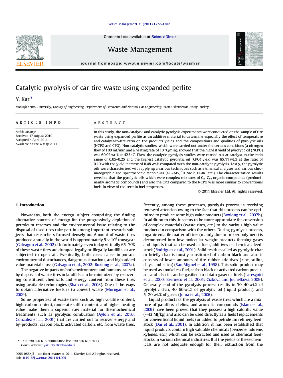 Catalytic pyrolysis of car tire waste using expanded perlite