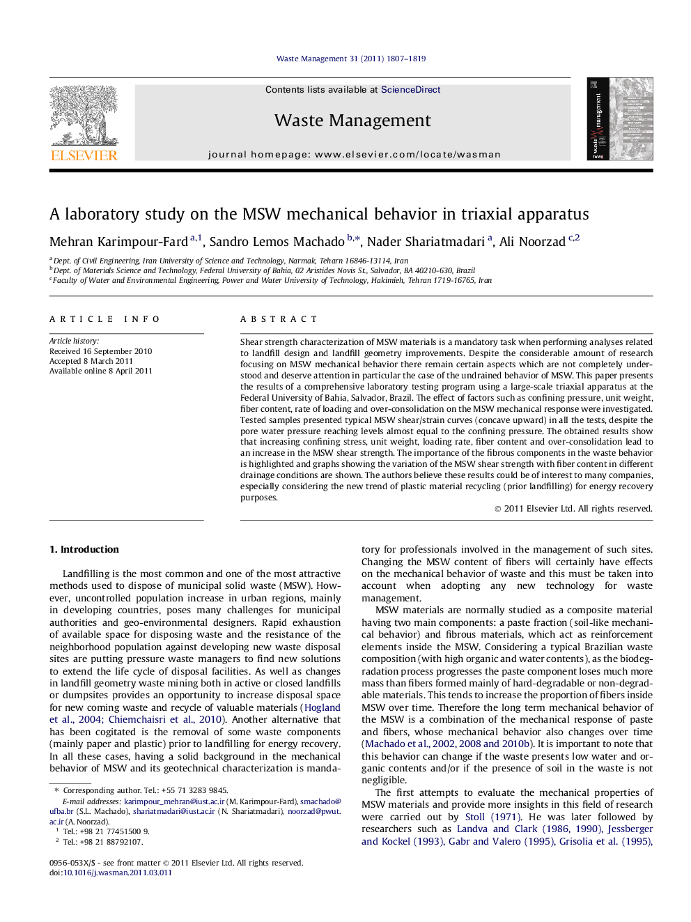 A laboratory study on the MSW mechanical behavior in triaxial apparatus