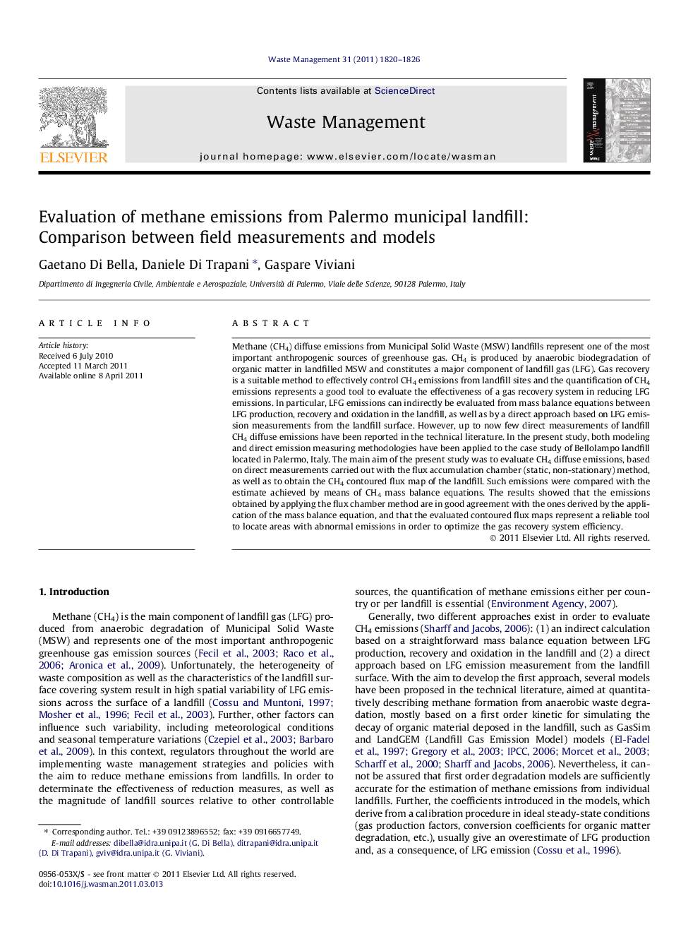 Evaluation of methane emissions from Palermo municipal landfill: Comparison between field measurements and models