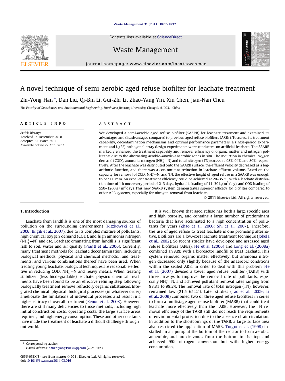 A novel technique of semi-aerobic aged refuse biofilter for leachate treatment