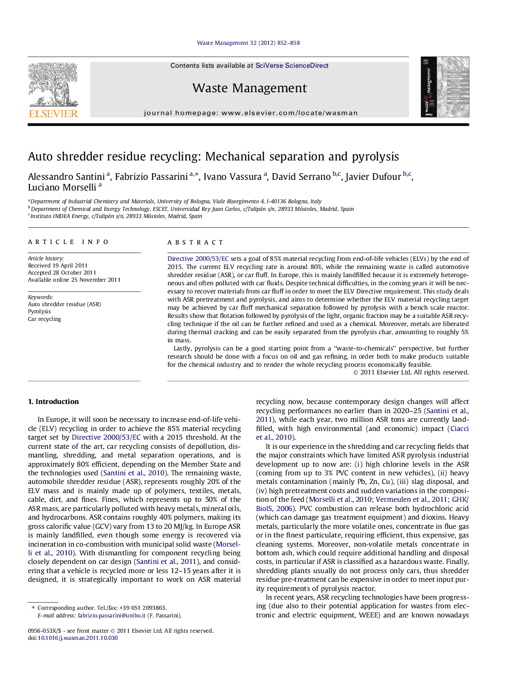 Auto shredder residue recycling: Mechanical separation and pyrolysis