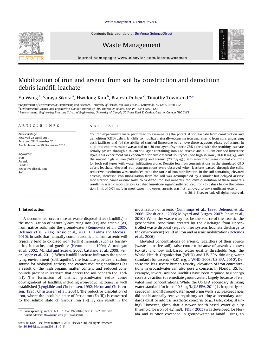 Mobilization of iron and arsenic from soil by construction and demolition debris landfill leachate