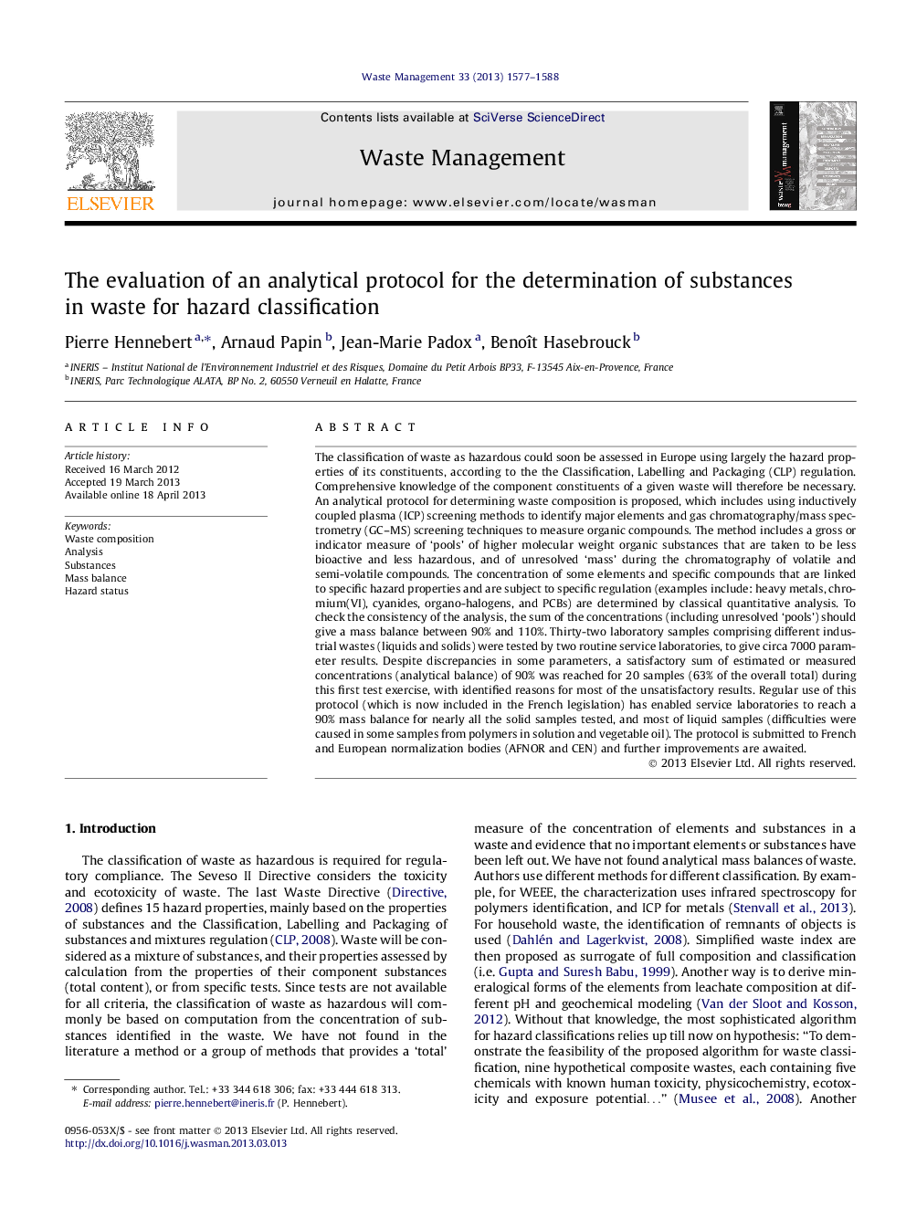 The evaluation of an analytical protocol for the determination of substances in waste for hazard classification