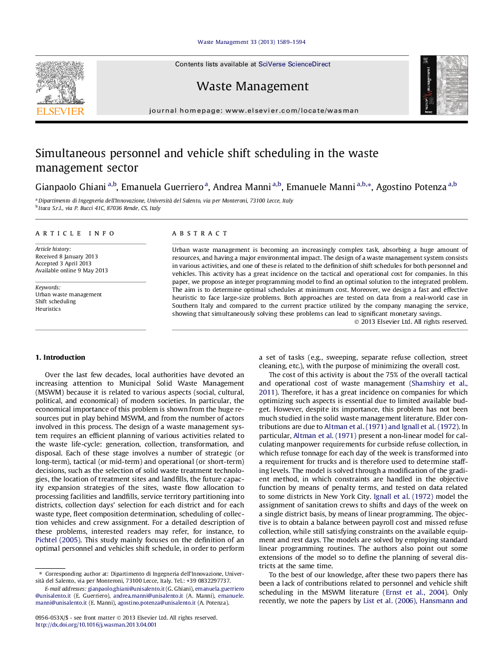 Simultaneous personnel and vehicle shift scheduling in the waste management sector