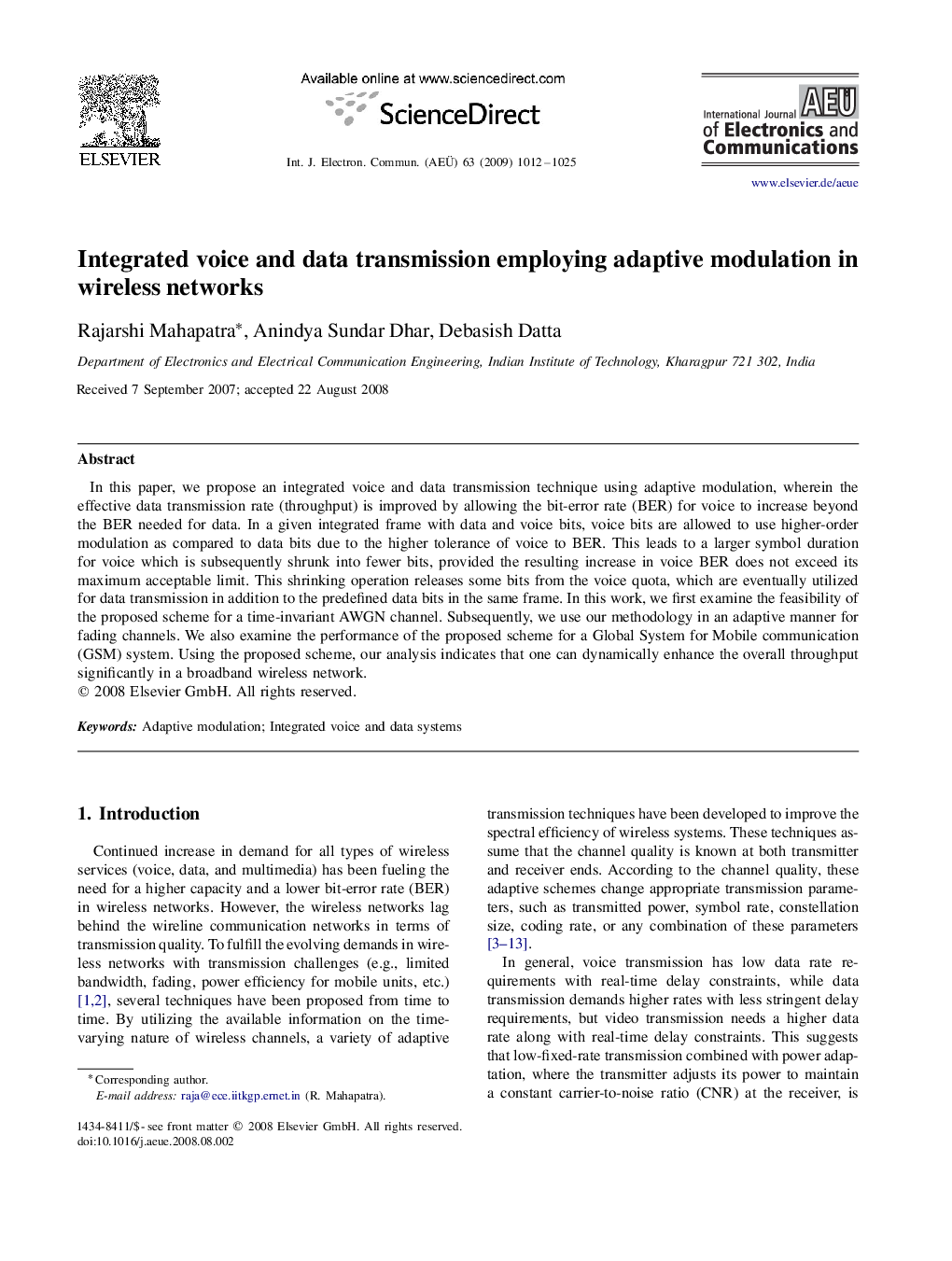 Integrated voice and data transmission employing adaptive modulation in wireless networks