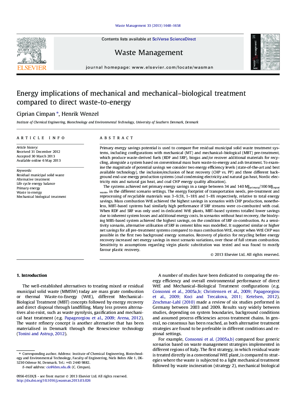 Energy implications of mechanical and mechanical–biological treatment compared to direct waste-to-energy