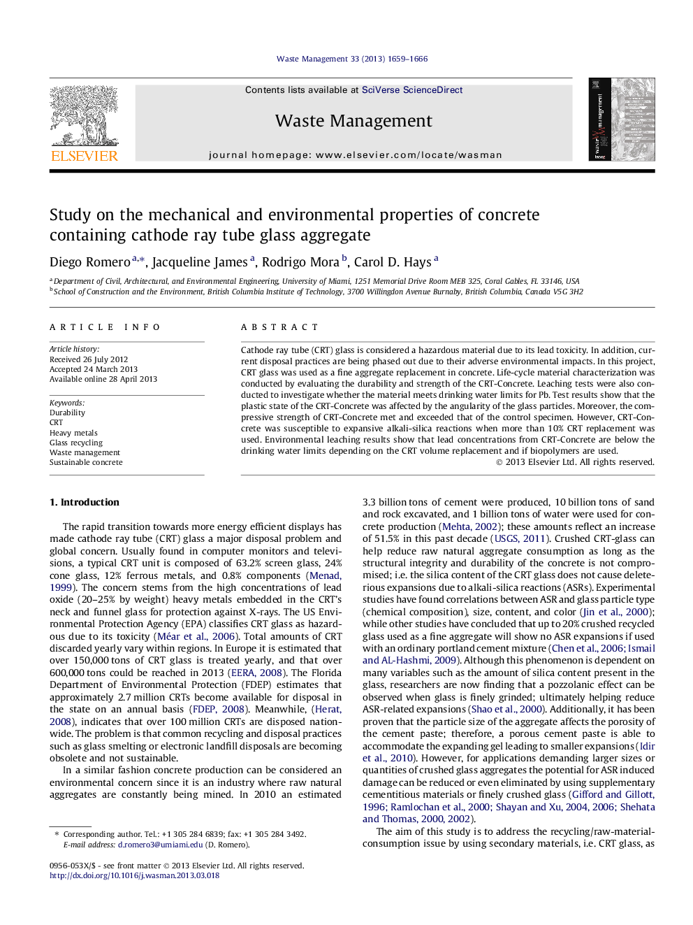 Study on the mechanical and environmental properties of concrete containing cathode ray tube glass aggregate