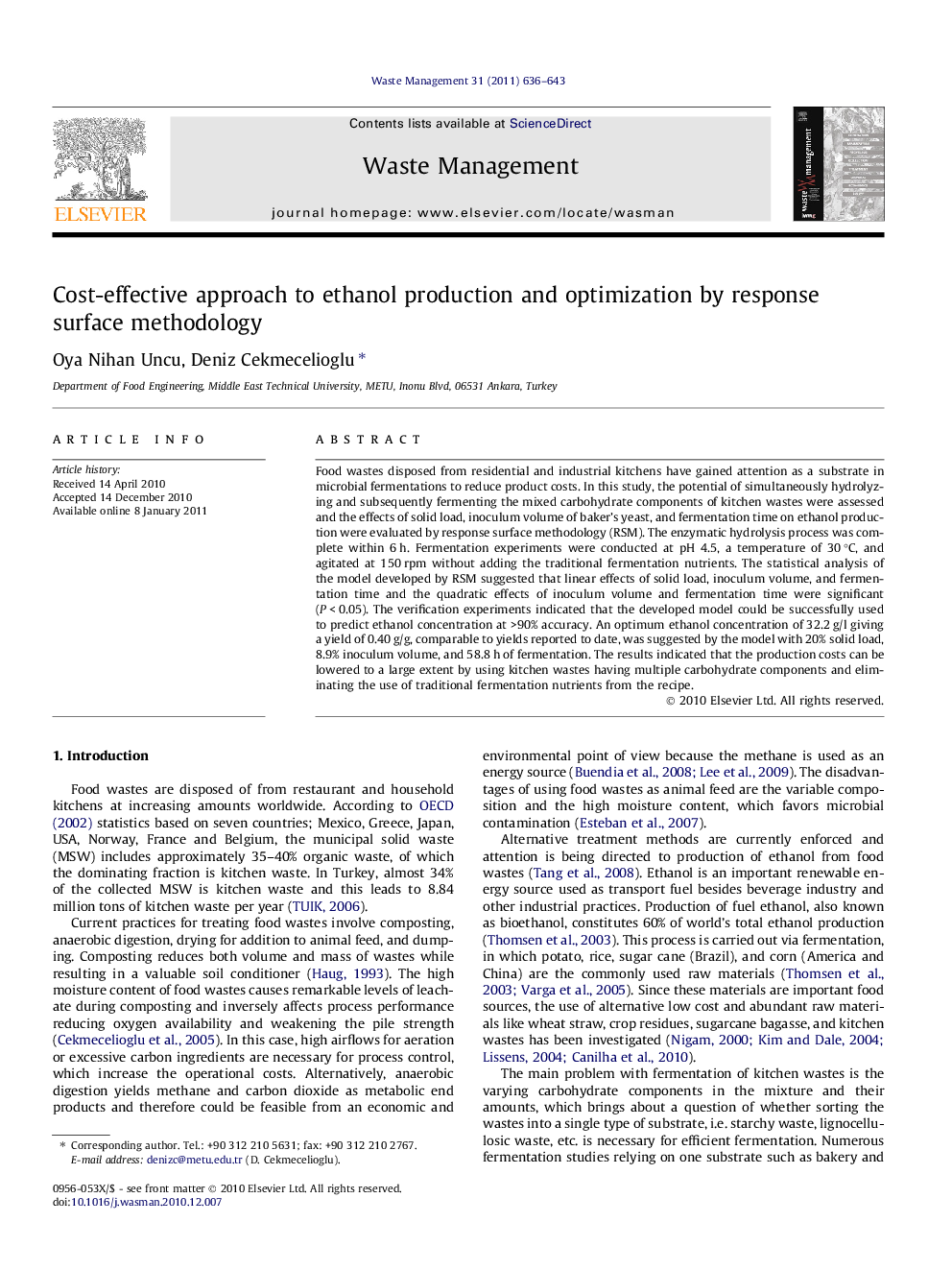 Cost-effective approach to ethanol production and optimization by response surface methodology