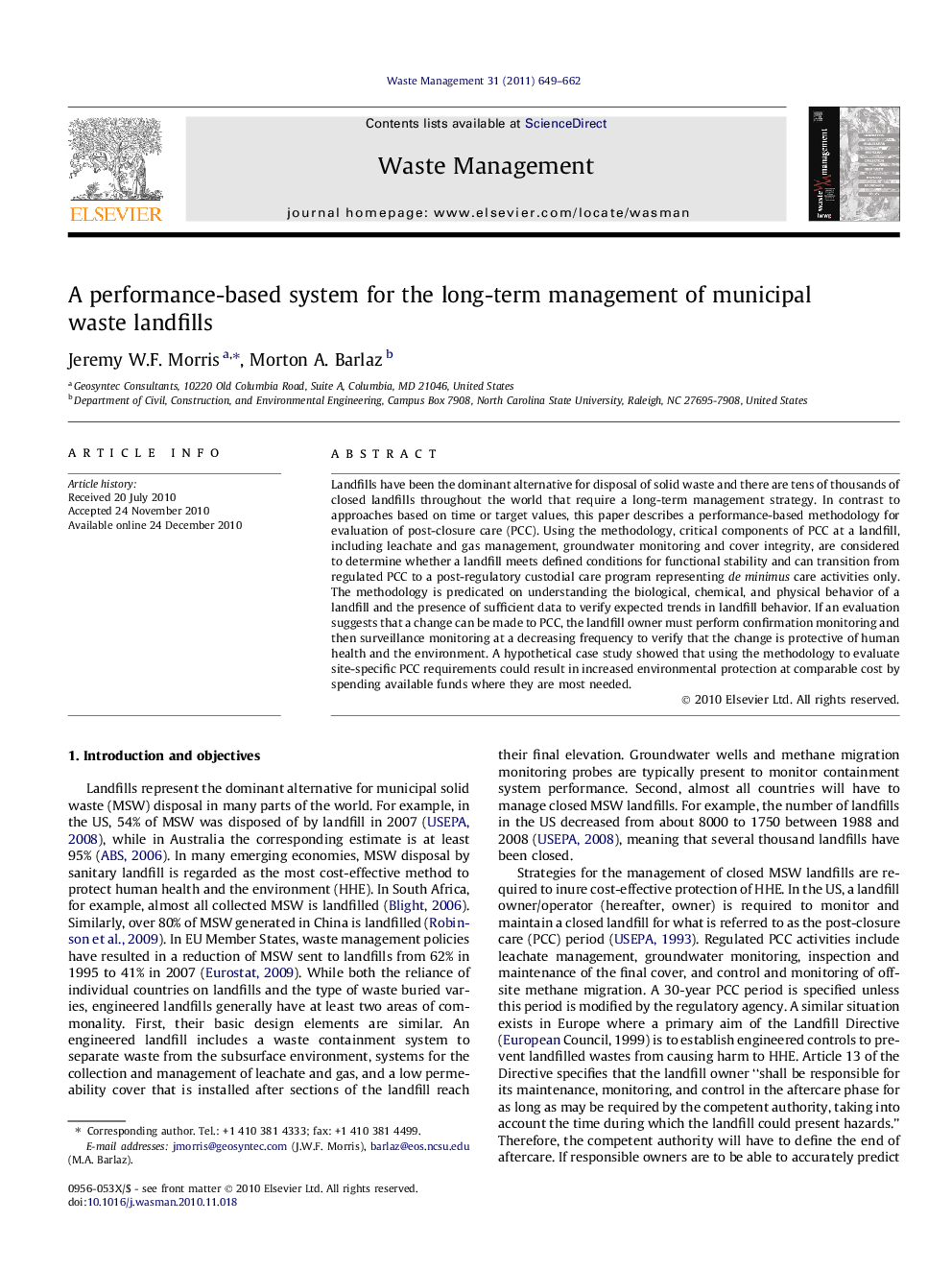 A performance-based system for the long-term management of municipal waste landfills