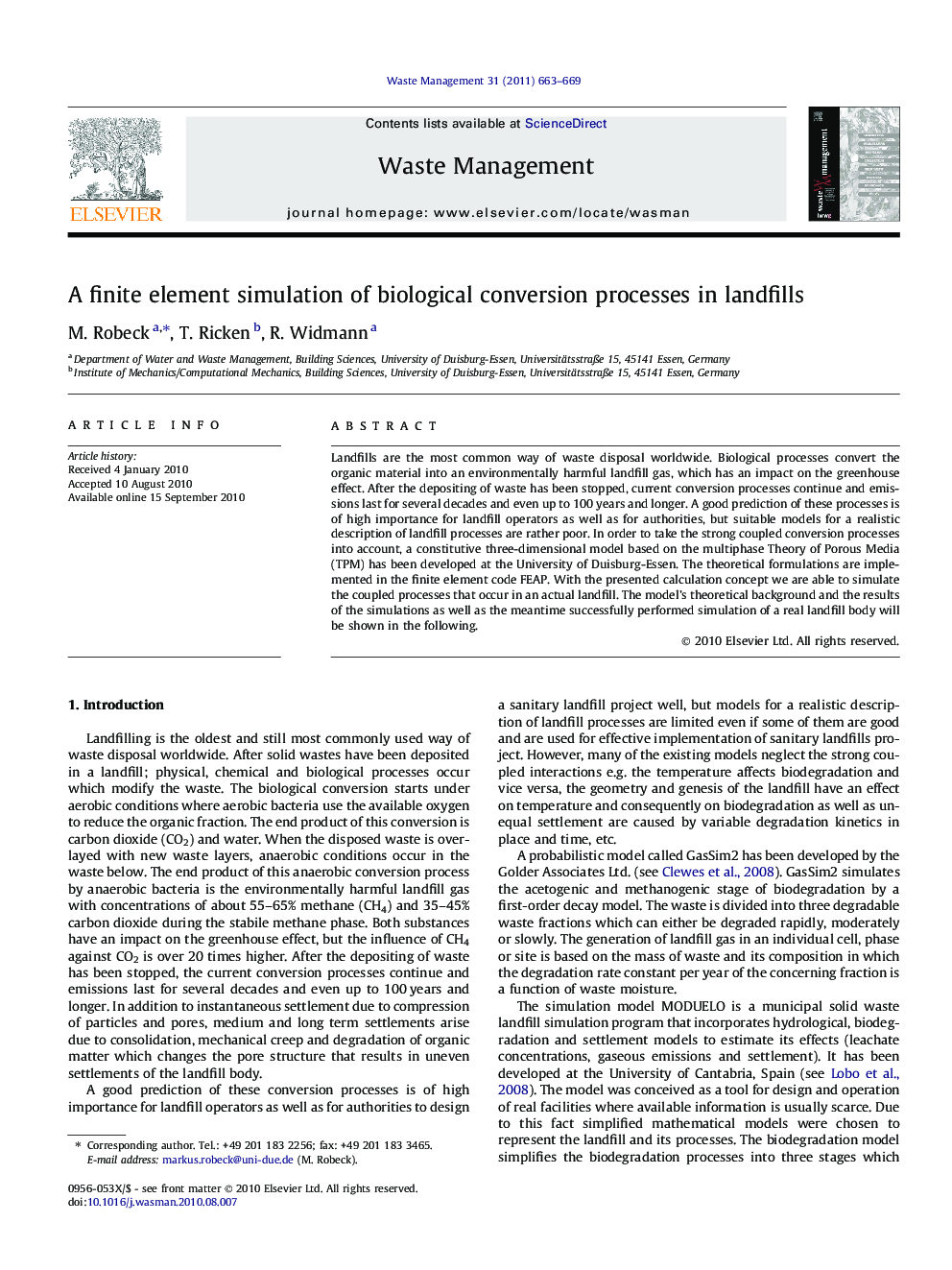 A finite element simulation of biological conversion processes in landfills