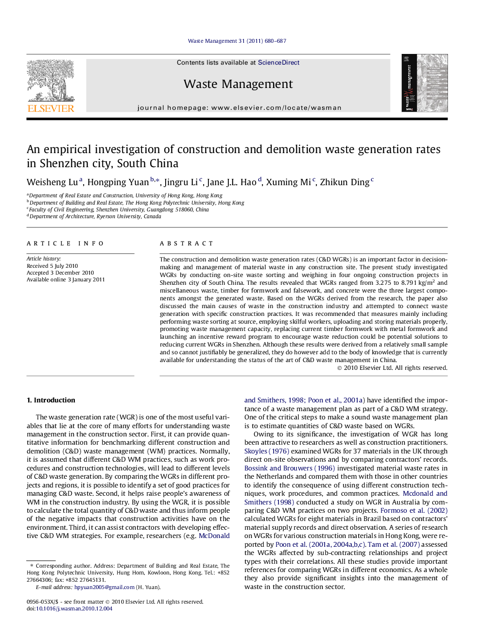 An empirical investigation of construction and demolition waste generation rates in Shenzhen city, South China