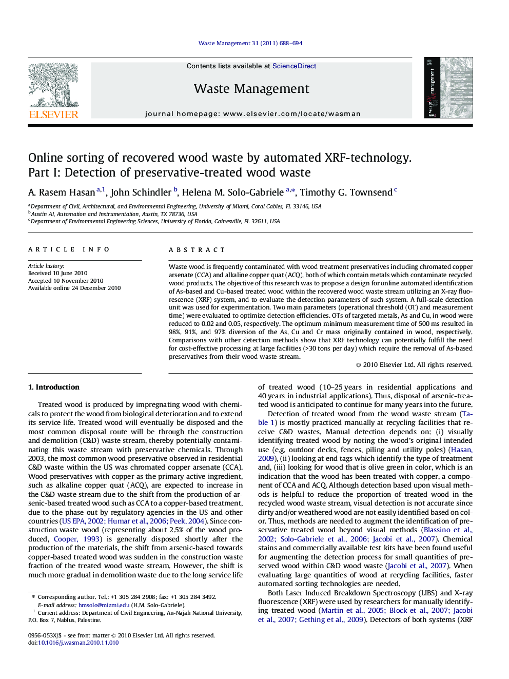 Online sorting of recovered wood waste by automated XRF-technology. Part I: Detection of preservative-treated wood waste