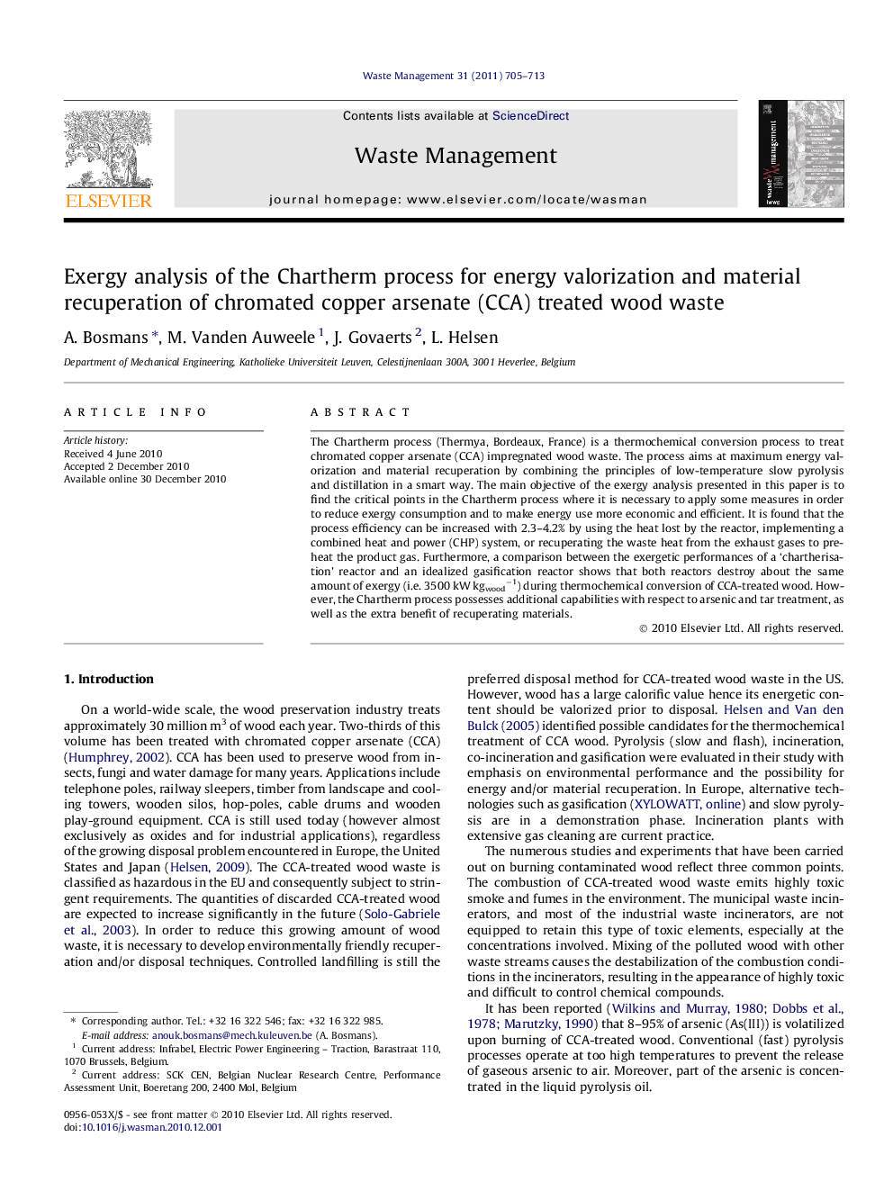 Exergy analysis of the Chartherm process for energy valorization and material recuperation of chromated copper arsenate (CCA) treated wood waste