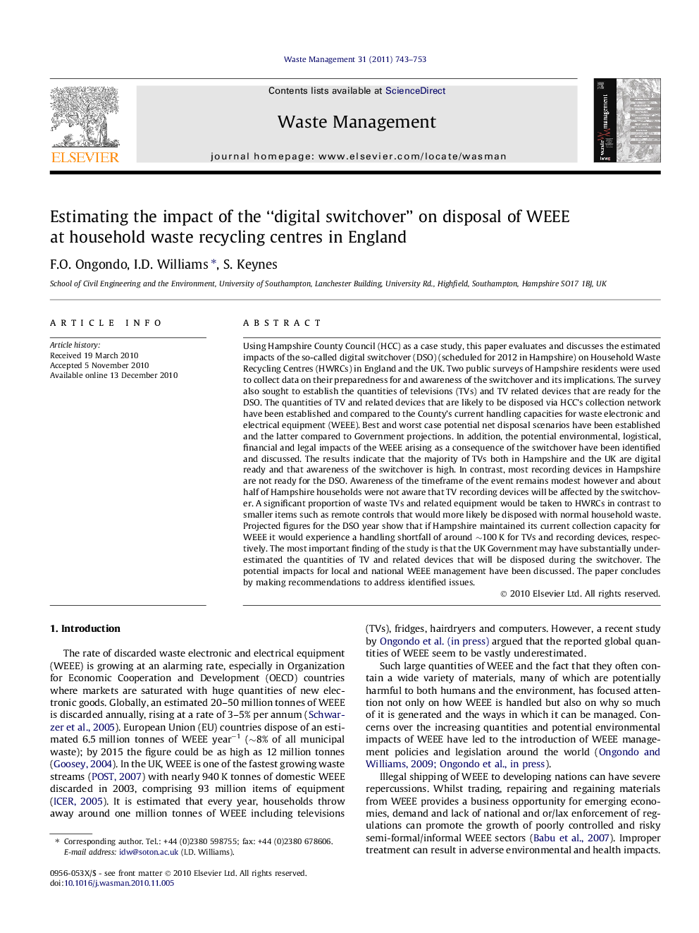 Estimating the impact of the “digital switchover” on disposal of WEEE at household waste recycling centres in England