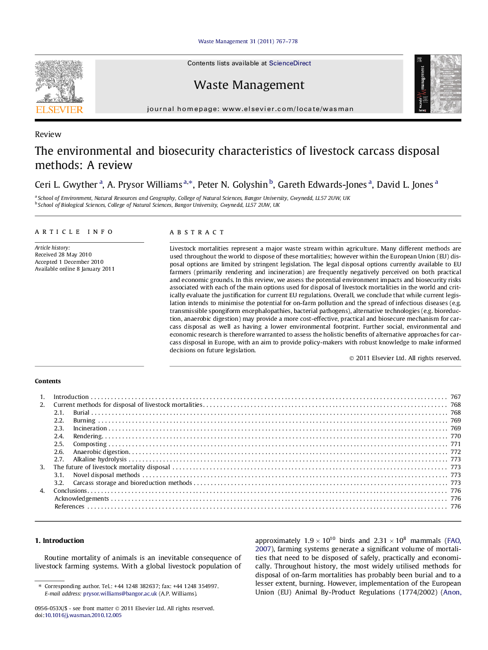 The environmental and biosecurity characteristics of livestock carcass disposal methods: A review