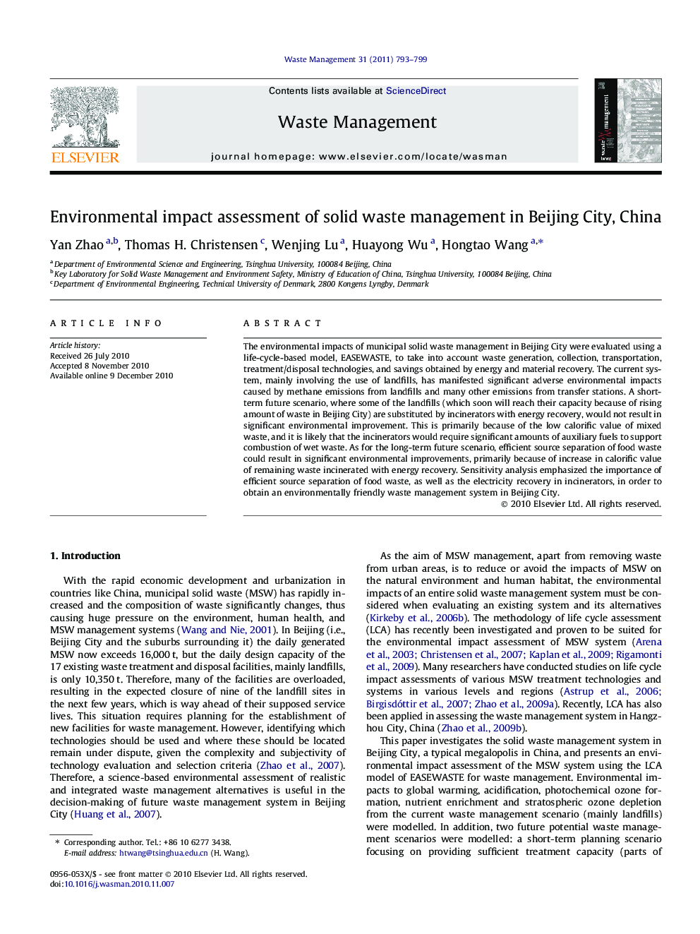 Environmental impact assessment of solid waste management in Beijing City, China