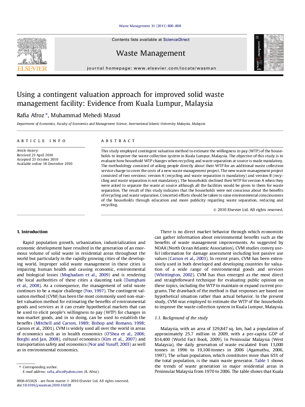 Using a contingent valuation approach for improved solid waste management facility: Evidence from Kuala Lumpur, Malaysia