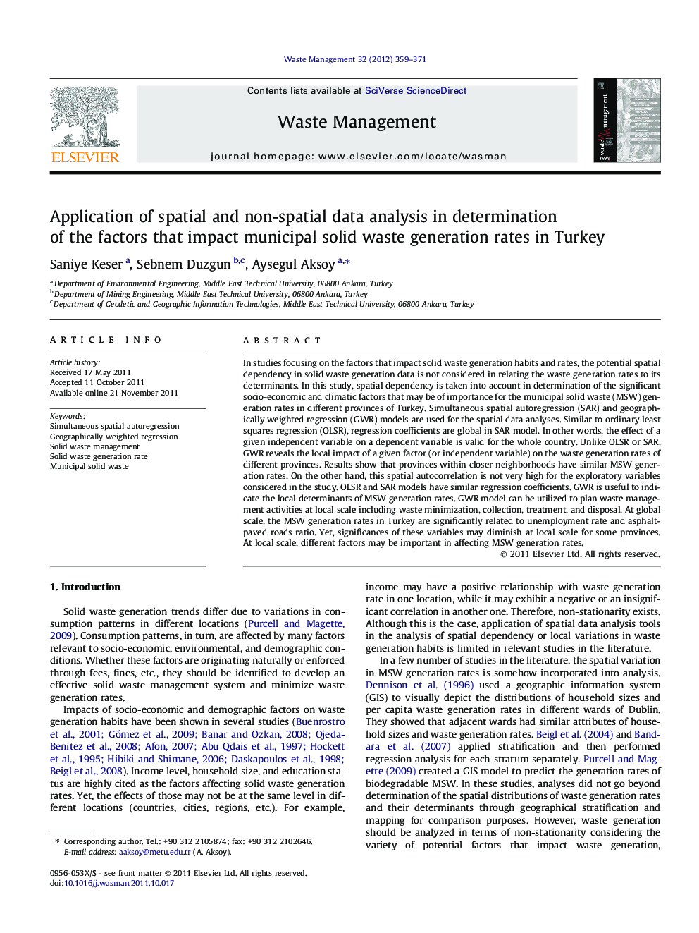 Application of spatial and non-spatial data analysis in determination of the factors that impact municipal solid waste generation rates in Turkey