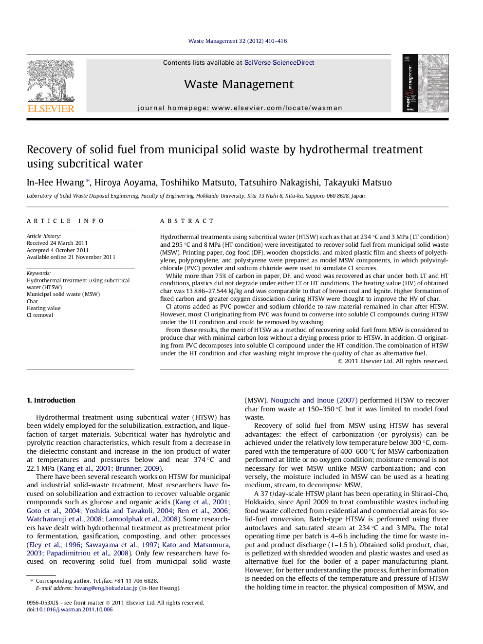 Recovery of solid fuel from municipal solid waste by hydrothermal treatment using subcritical water