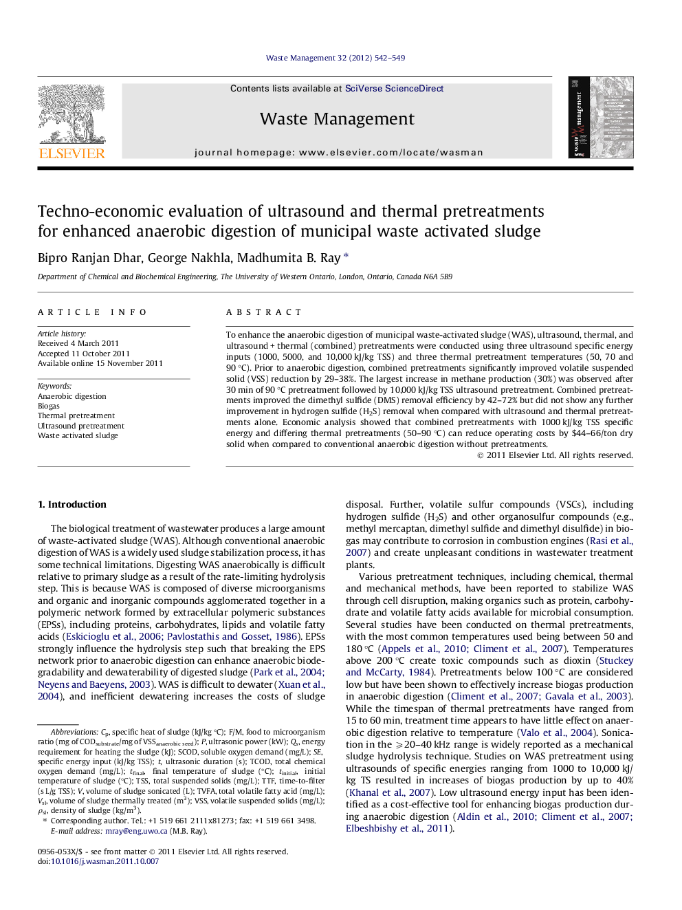 Techno-economic evaluation of ultrasound and thermal pretreatments for enhanced anaerobic digestion of municipal waste activated sludge