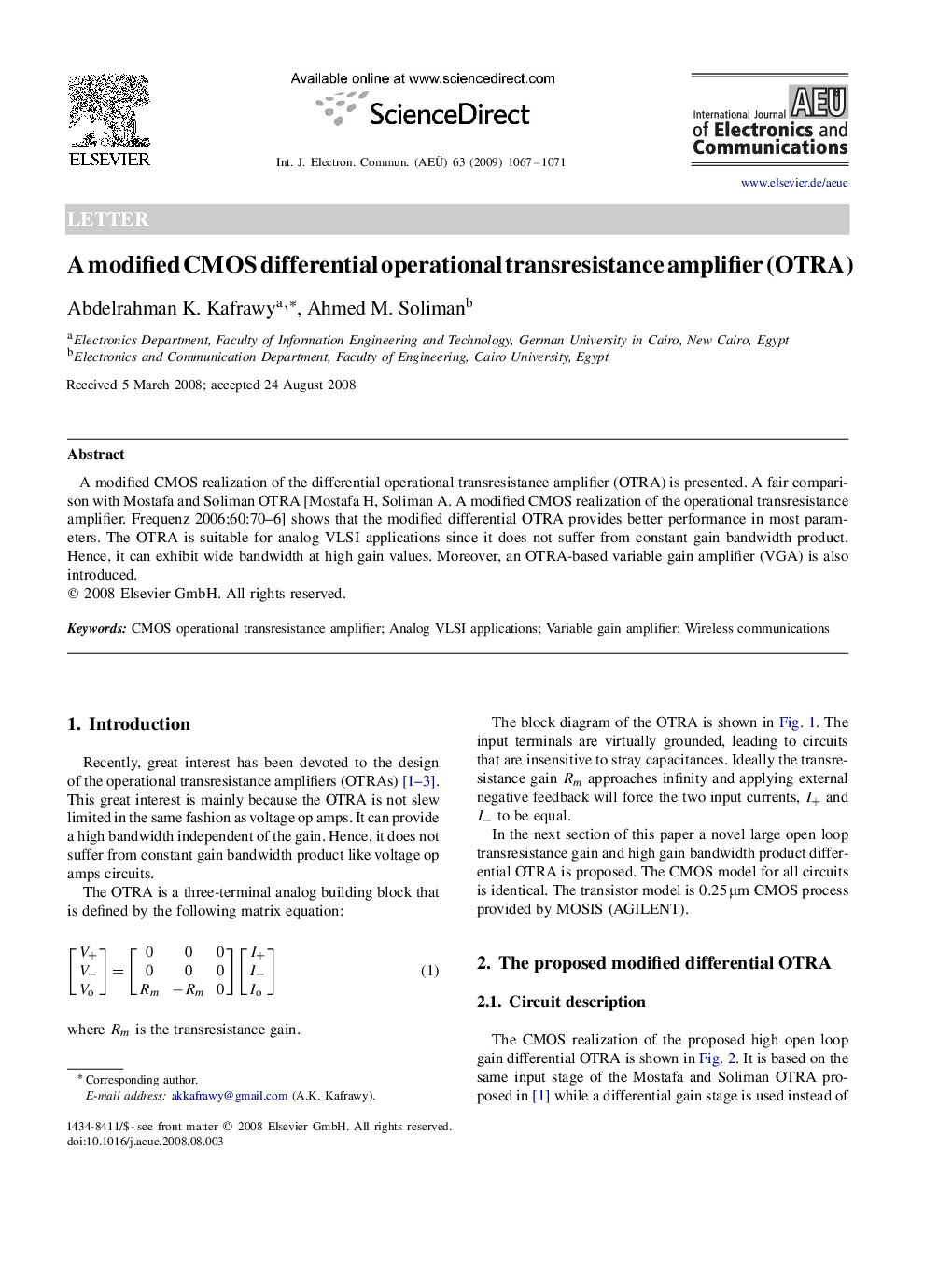 A modified CMOS differential operational transresistance amplifier (OTRA)