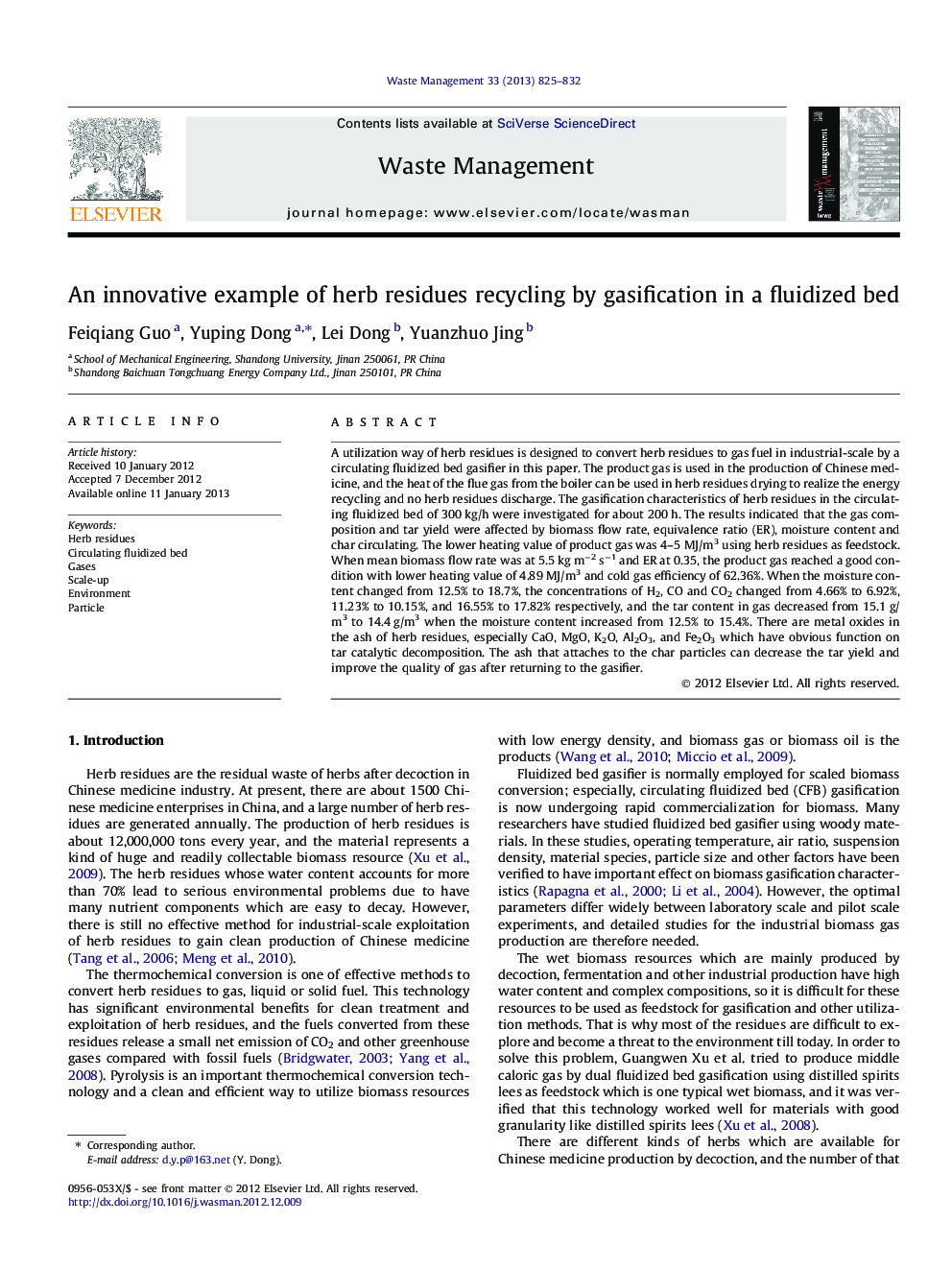 An innovative example of herb residues recycling by gasification in a fluidized bed