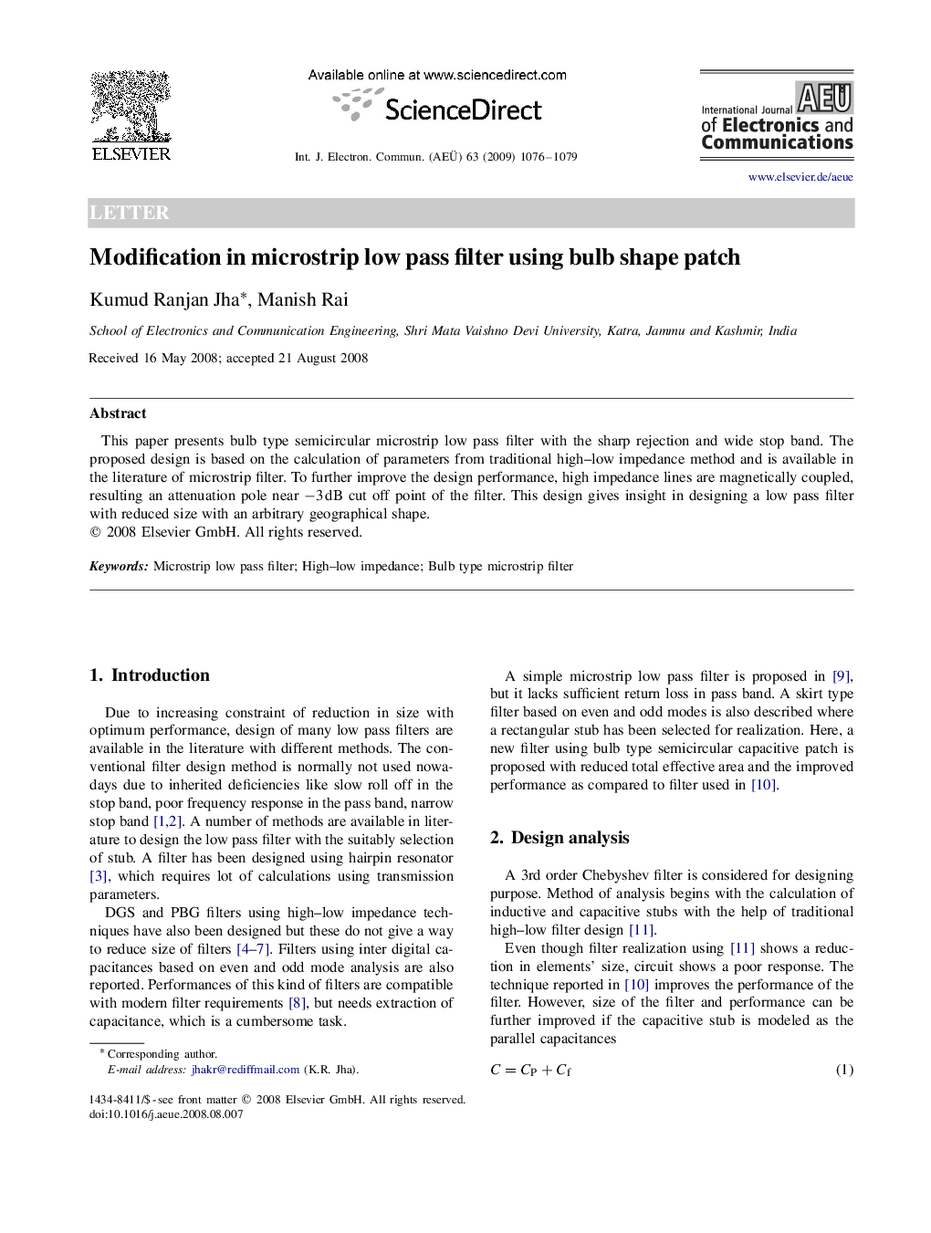 Modification in microstrip low pass filter using bulb shape patch